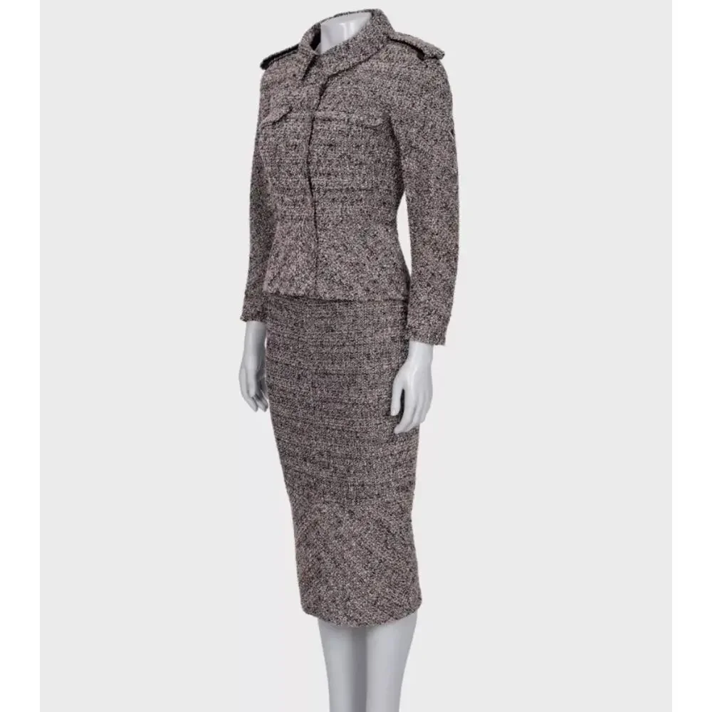 Chanel 2016 Pink Black & Silver Bouclé Wool Skirt Jacket Suit FR34
